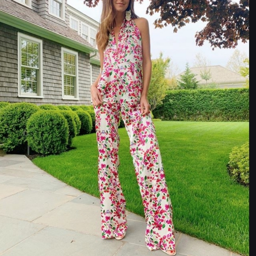 SEREN 100% SILK WIDE LEG HALTER JUMPSUIT L